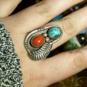 Size 11 Vintage Turquoise & Coral Sterling Ring